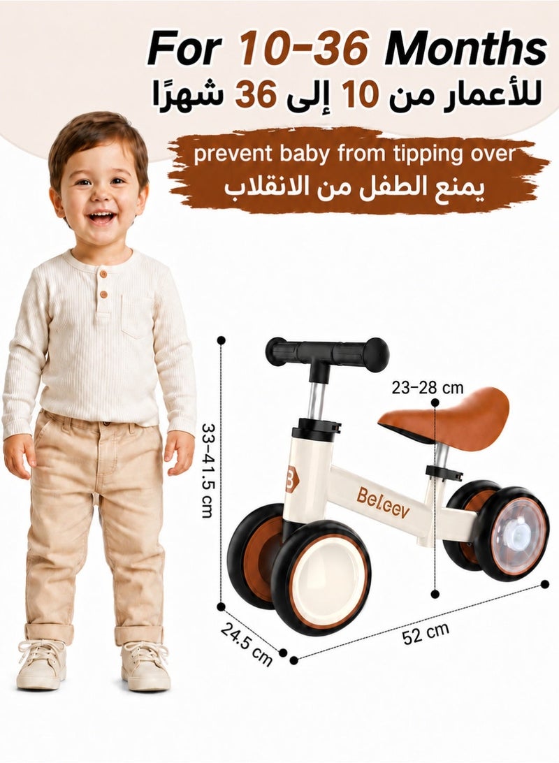 BELEEV Baby Balance Bike for Toddlers 1-3 Years, 4 Wheels No Pedal Ride On Toy with EVA Wheels, Adjustable Seat & Handlebar, First Bike for Boys & Girls, Brown - Image 3