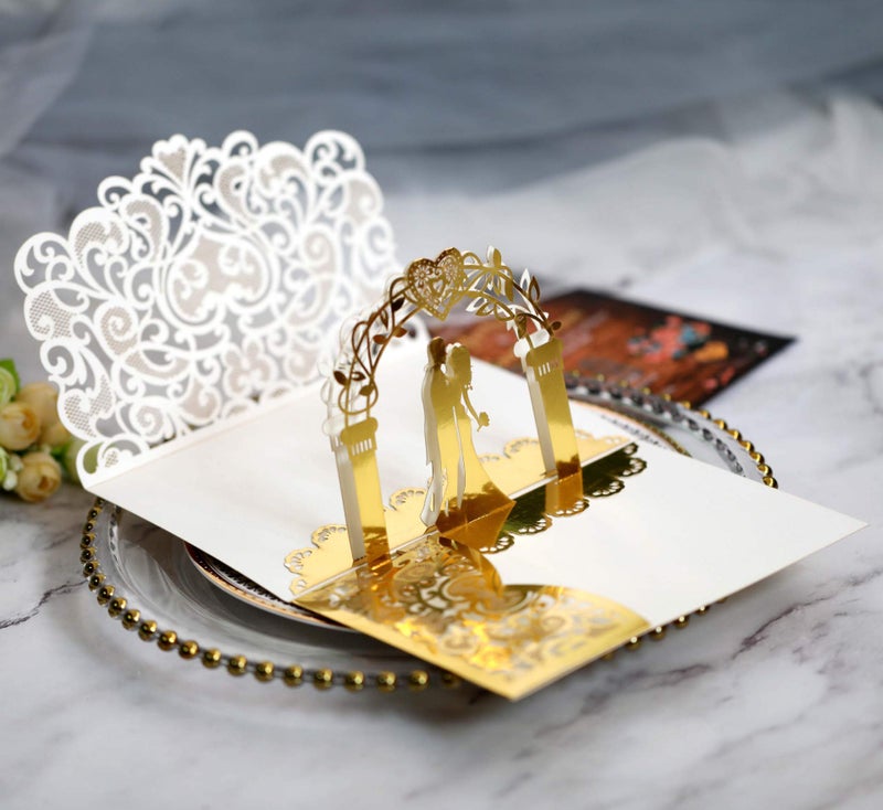 N.C 10 Pack Gold 3D Wedding Invitations Anniversary Pop Up Cards with Unique Bride and Groom Holding Hand Design for Bride and Groom in Wedding Party - Image 3