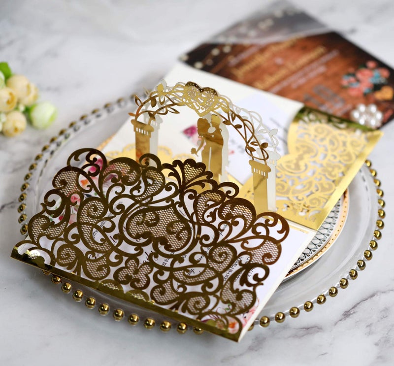 N.C 10 Pack Gold 3D Wedding Invitations Anniversary Pop Up Cards with Unique Bride and Groom Holding Hand Design for Bride and Groom in Wedding Party - Image 2
