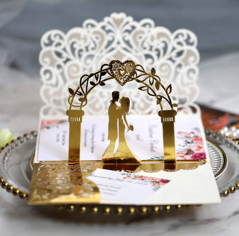 N.C 10 Pack Gold 3D Wedding Invitations Anniversary Pop Up Cards with Unique Bride and Groom Holding Hand Design for Bride and Groom in Wedding Party - Image 1