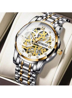BINBOND Luxury Men's Waterproof Stainless Steel Watch, Silver and Gold Wrist Watch, Gift for Men  - Image 1