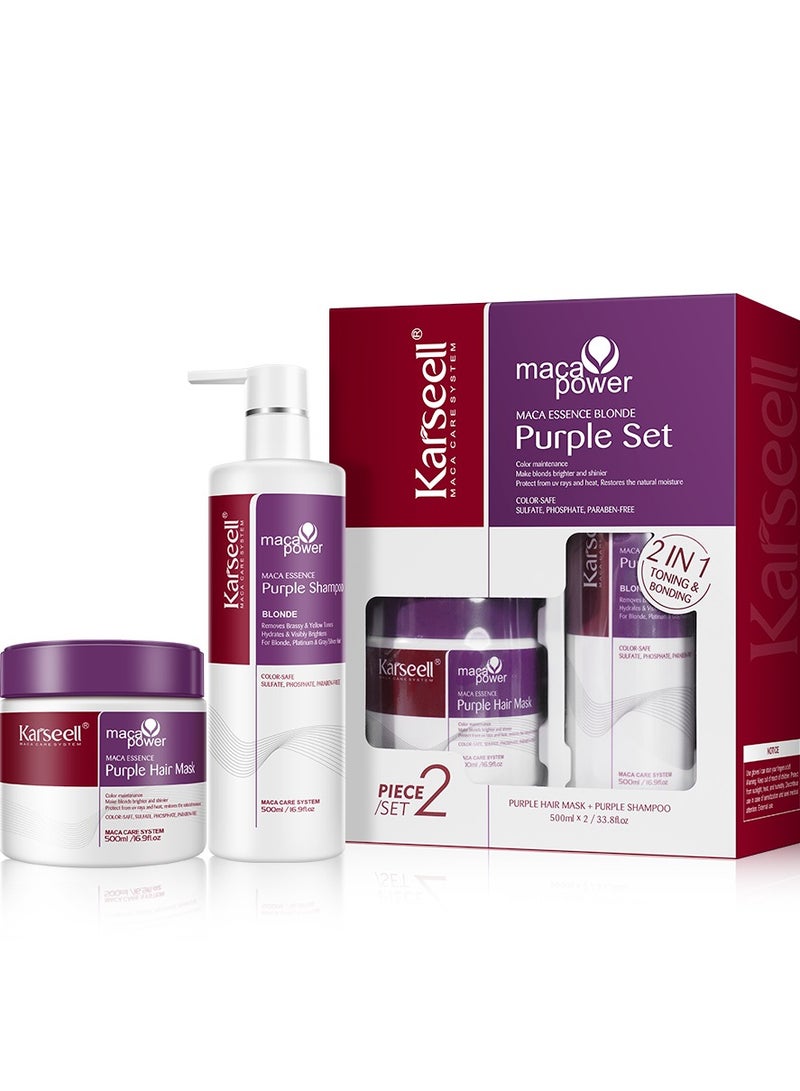 Karseell مجموعة ماسك الشعر والشامبو الأرجواني من كارسييل ماكا باور، يوازن الألوان النحاسية والصفراء للشعر المعالج بالألوان الأشقر والرمادي والفضي، 2 × 16.9 أونصة سائلة - Image 1