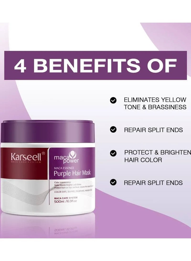 Karseell مجموعة ماسك الشعر والشامبو الأرجواني من كارسييل ماكا باور، يوازن الألوان النحاسية والصفراء للشعر المعالج بالألوان الأشقر والرمادي والفضي، 2 × 16.9 أونصة سائلة - Image 3