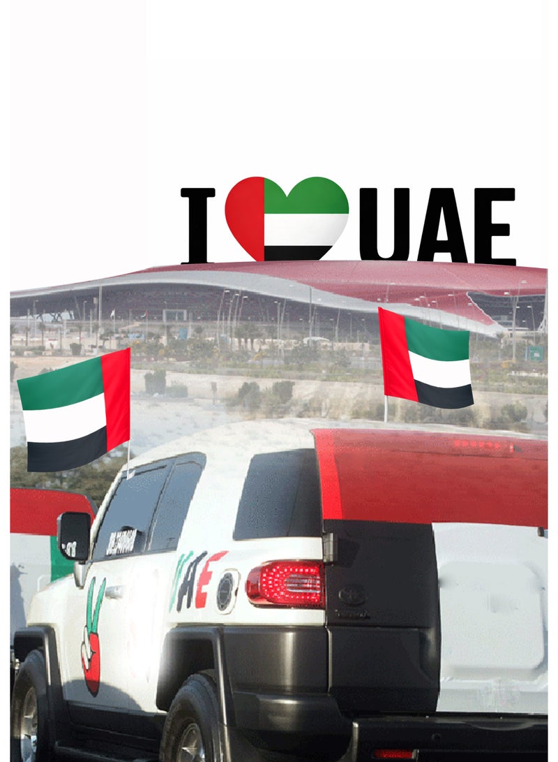Souvenir Souq 3pcs UAE car window flag with 30x45cm size and 45cm durable holder. Easy to install on car windows, featuring vibrant UAE flag colors. Perfect for National Day celebrations, parades, and showing patriotic spirit on the road. - Image 1