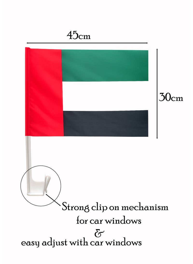 Souvenir Souq 3pcs UAE car window flag with 30x45cm size and 45cm durable holder. Easy to install on car windows, featuring vibrant UAE flag colors. Perfect for National Day celebrations, parades, and showing patriotic spirit on the road. - Image 2