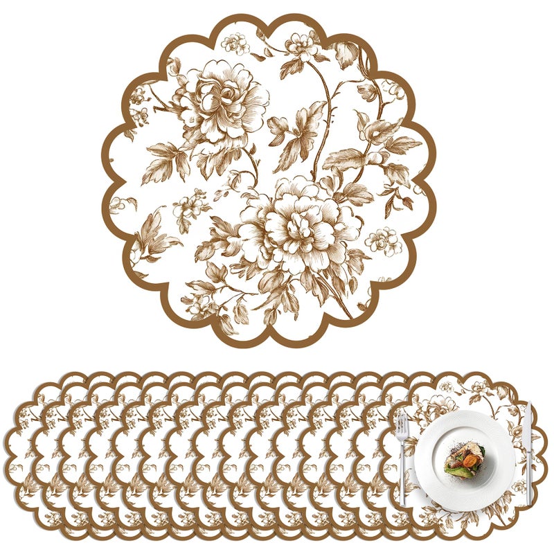 Stuffygreenus Stuffygreen 100 Pcs Brown Floral Paper Placemats with Scalloped Edges 15 Inch Chinoiserie Paper Table Mats Vintage Floral Place Mats for Dining Parties Weddings Holidays Table Decorations - Image 1