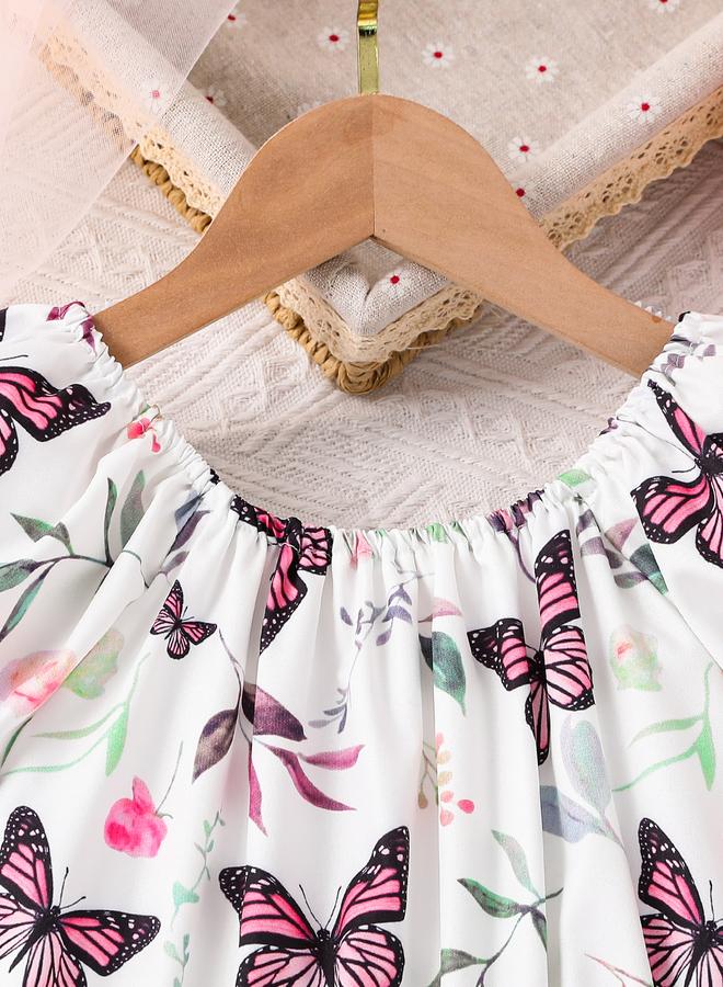 تايك تو فستان بناتي بأكمام منتفخة وطبعة فراشة - Image 3