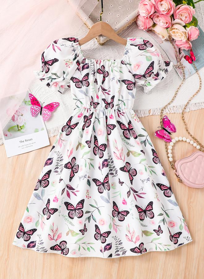 تايك تو فستان بناتي بأكمام منتفخة وطبعة فراشة - Image 2