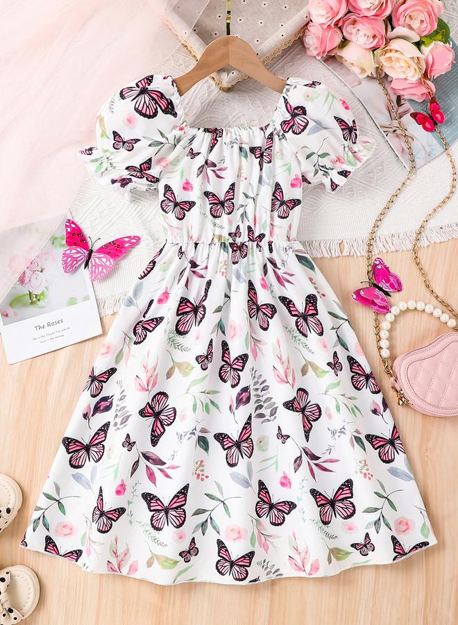 تايك تو فستان بناتي بأكمام منتفخة وطبعة فراشة - Image 1