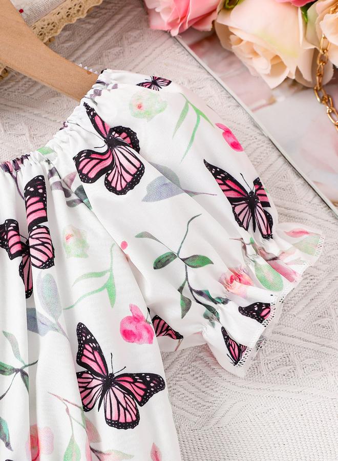 تايك تو فستان بناتي بأكمام منتفخة وطبعة فراشة - Image 4