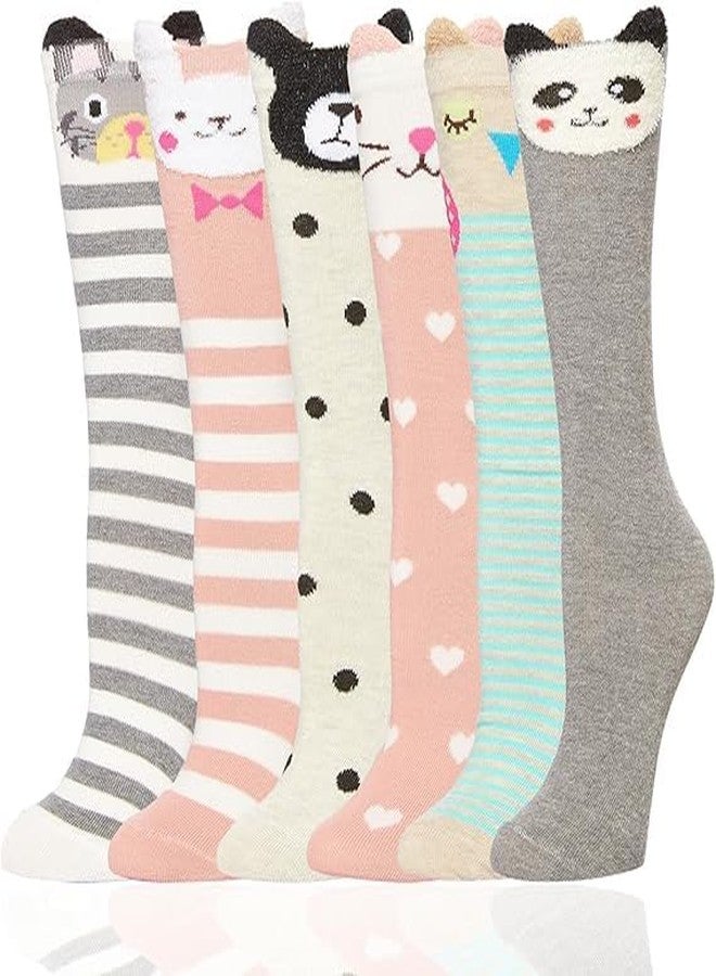 Galox جوارب عالية الركبة للفتيات من غالوك - هدية ممتعة مجنونة بنقوش حيوانات لطيفة - جوارب قطنية طويلة للأعمار من 5 إلى 14 سنة - 6 أزواج - Image 1