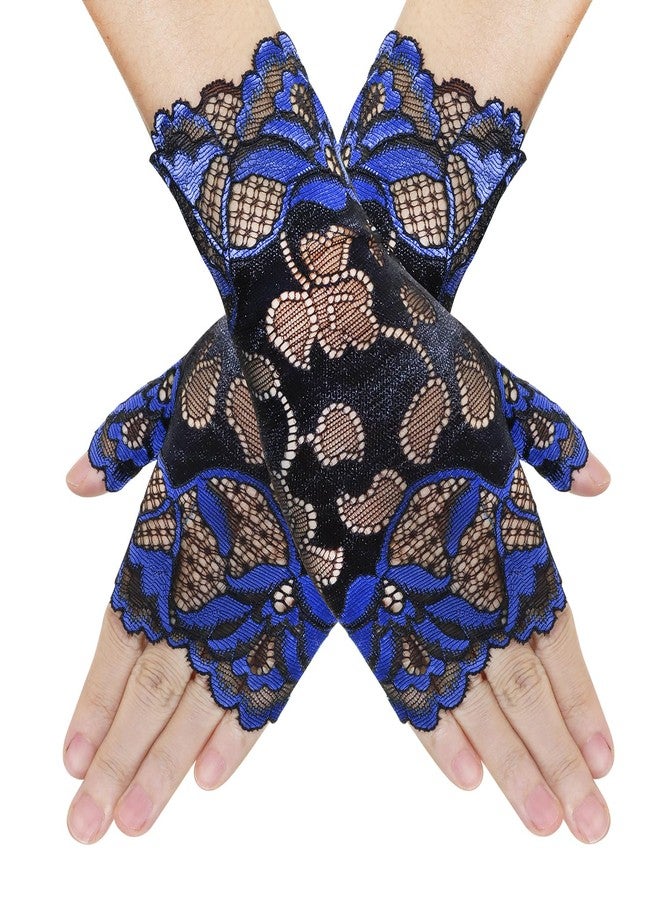 PPhtony Women Short Lace Gloves 80s Opera Evening Wedding Sunblock Fingerless Bridal Floral Gloves for Girl Halloween Cosplay (Royal Blue & Black) - Image 1