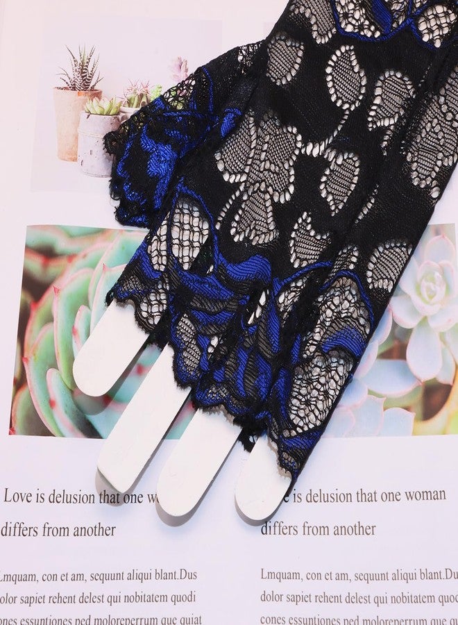 PPhtony Women Short Lace Gloves 80s Opera Evening Wedding Sunblock Fingerless Bridal Floral Gloves for Girl Halloween Cosplay (Royal Blue & Black) - Image 3
