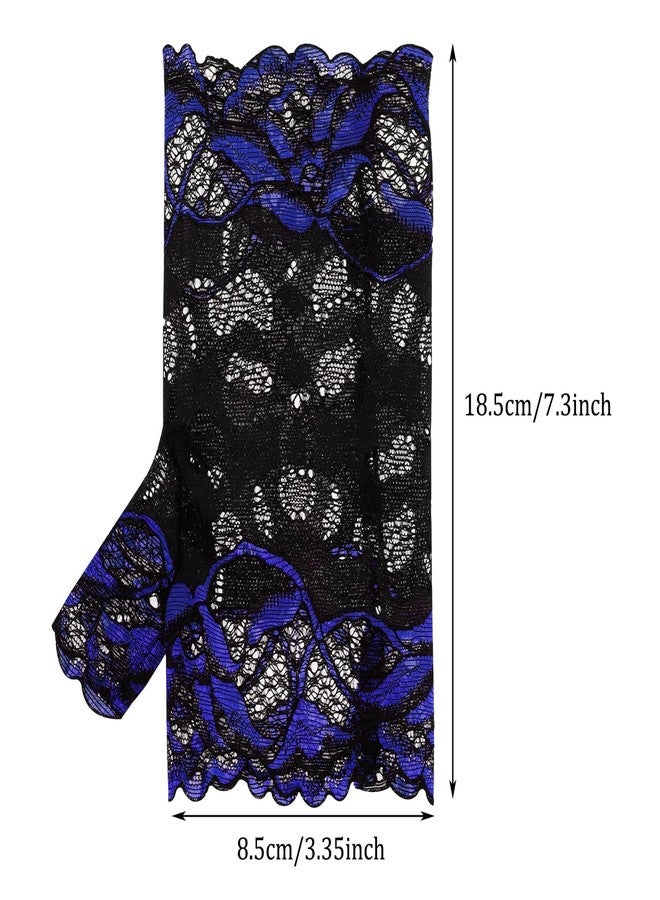 PPhtony Women Short Lace Gloves 80s Opera Evening Wedding Sunblock Fingerless Bridal Floral Gloves for Girl Halloween Cosplay (Royal Blue & Black) - Image 2