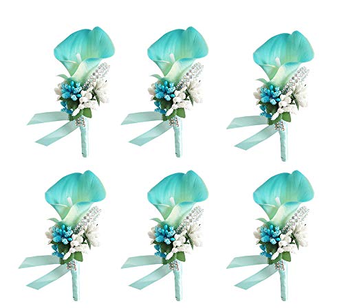ChezMax Calla Lily Blue Boutonniere Handmade Silk Flower with Ribbon Corsage for Bride Groom Wedding Party 6 Packs - Image 1