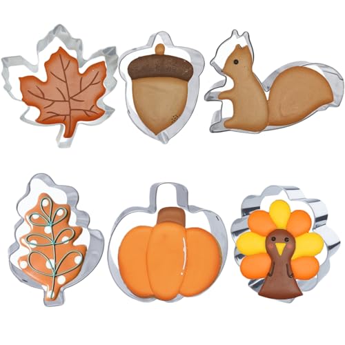 6 Pieces Thanksgiving Cookie Cutters Fall Themed Holiday Cookie Cutter Shapes of PumpkinMaple LeavesOak LeavesTurkeySquirreland Acorn Cookie Cutters with Decorating Instructions