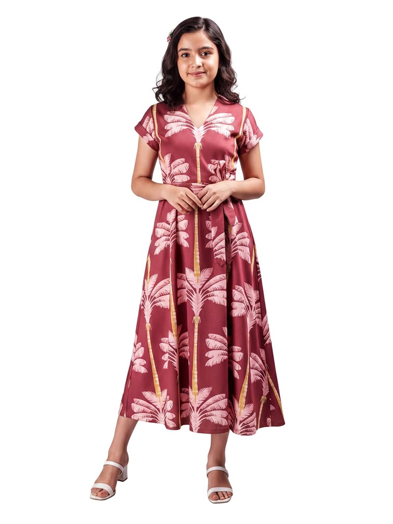 HELLCAT Girls V Neck Floral Printed Maroon Dress for 11-16 Years | Western A-Line Midi Dress for Girls | Stylish Half Sleeve Dress for Girls_Maroon_11-12 Years - Image 1