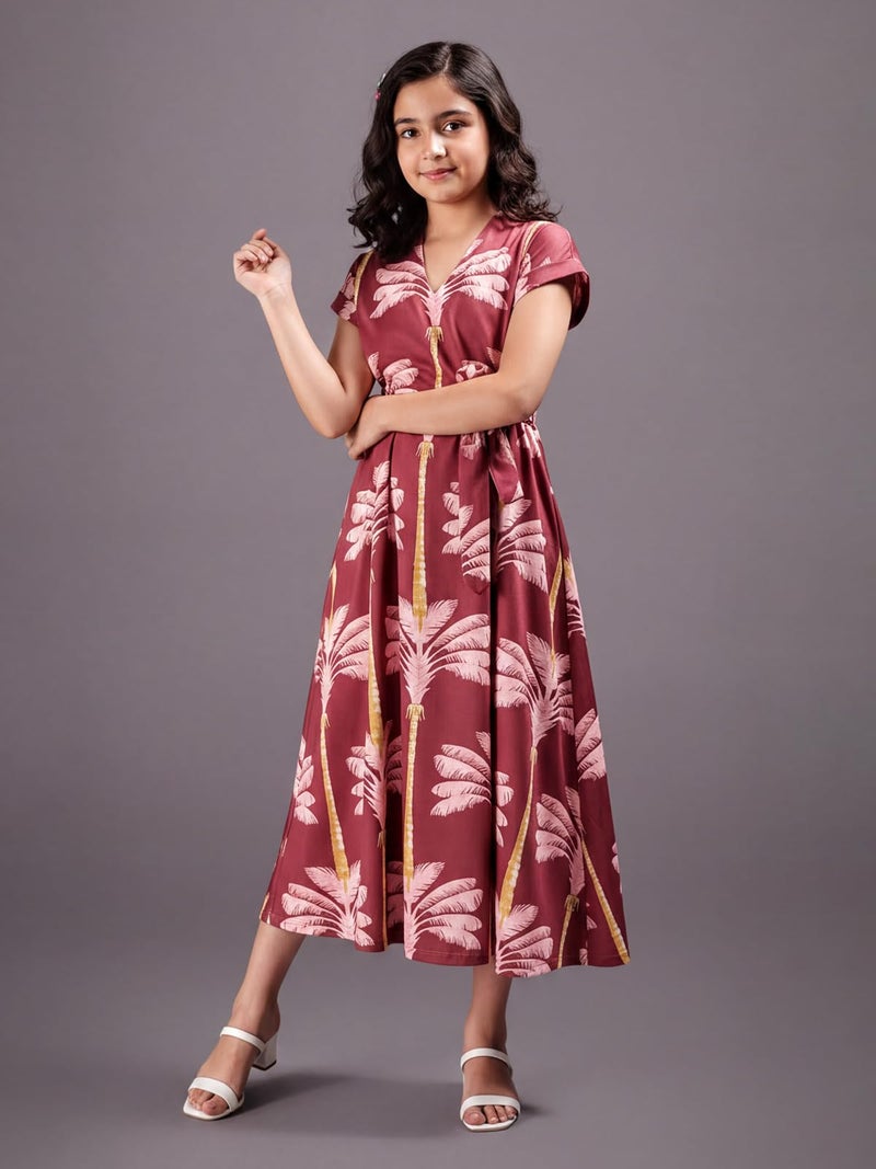 HELLCAT Girls V Neck Floral Printed Maroon Dress for 11-16 Years | Western A-Line Midi Dress for Girls | Stylish Half Sleeve Dress for Girls_Maroon_11-12 Years - Image 2