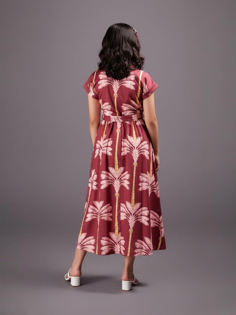 HELLCAT Girls V Neck Floral Printed Maroon Dress for 11-16 Years | Western A-Line Midi Dress for Girls | Stylish Half Sleeve Dress for Girls_Maroon_11-12 Years - Image 4