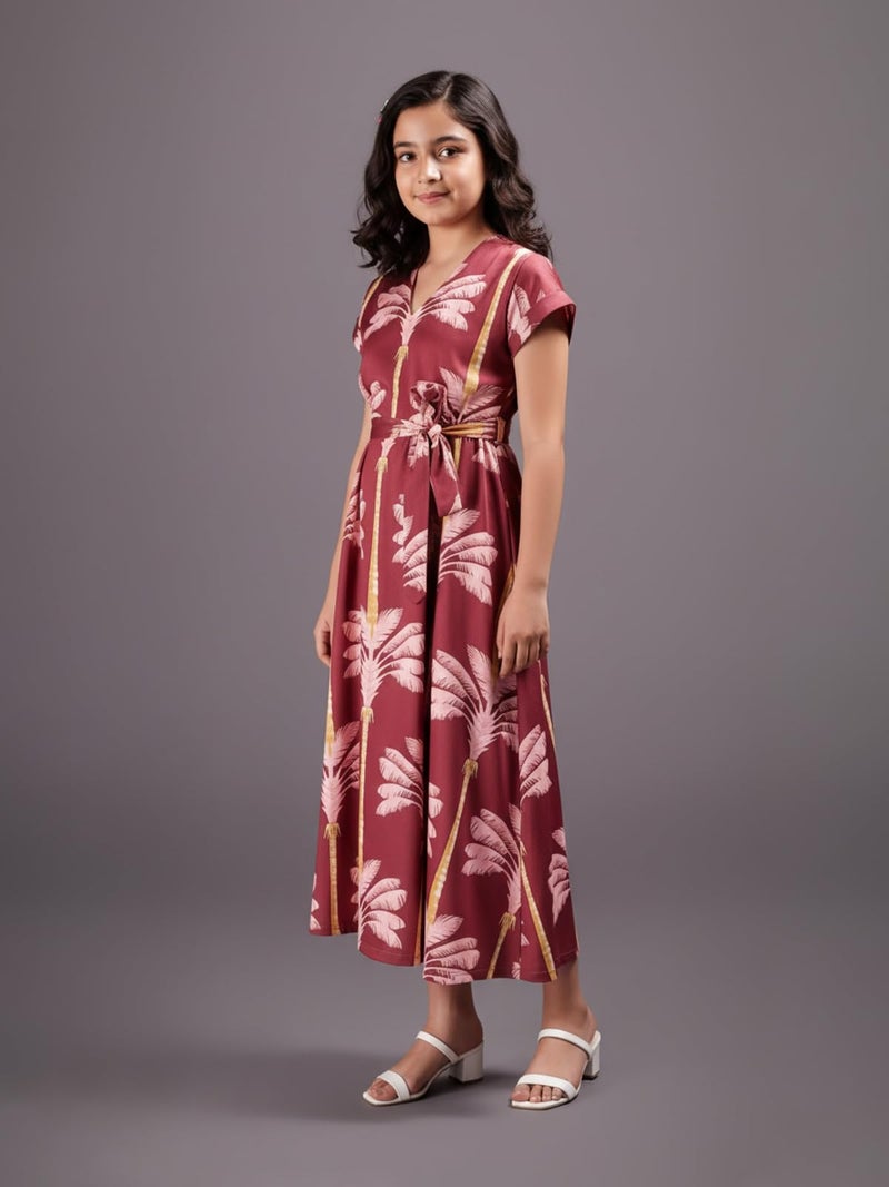 HELLCAT Girls V Neck Floral Printed Maroon Dress for 11-16 Years | Western A-Line Midi Dress for Girls | Stylish Half Sleeve Dress for Girls_Maroon_11-12 Years - Image 5