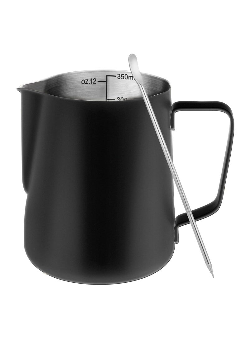 12oz Milk Frother Cup with Clear Scale, 304 Stainless Steel Cappuccino Espresso Machine Accessories for Baristaetal Milk Frother Cup with Coffee Art Pen  - Image 1
