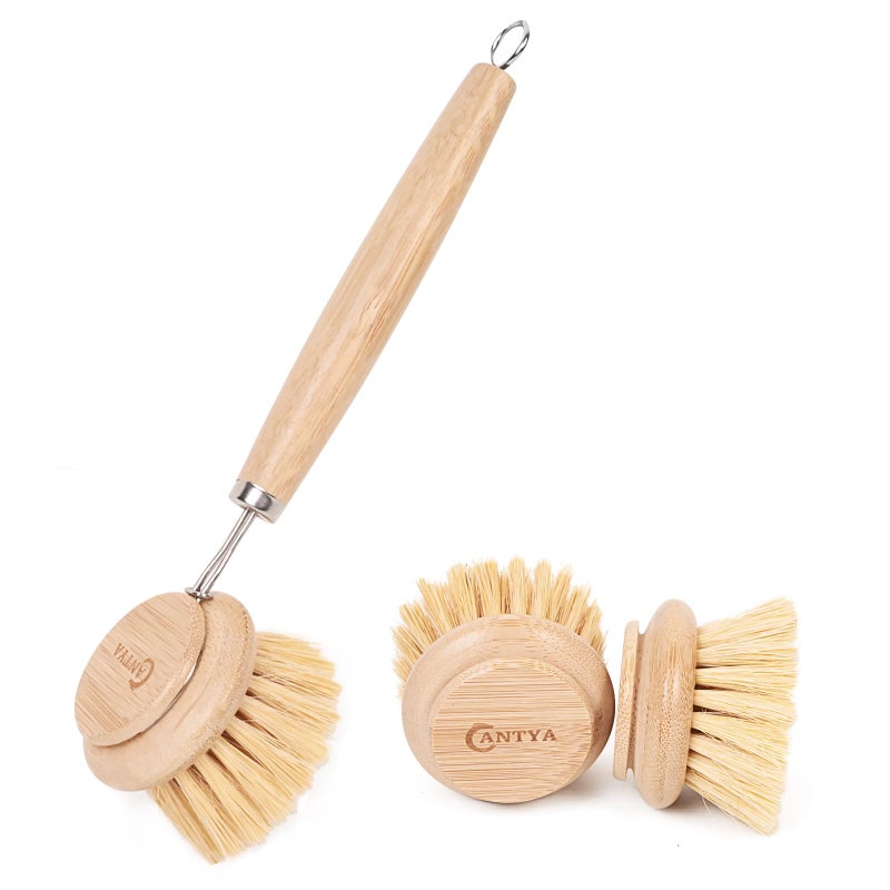 ANTYA Bamboo Scrub Brush with Handle - Soft Bristles, Non Toxic Dish Brush, Compostable & Biodegradable, Bamboo Dish Scrubber for Cookware, Bowls and Plates, Non-Stick Pans - Image 1