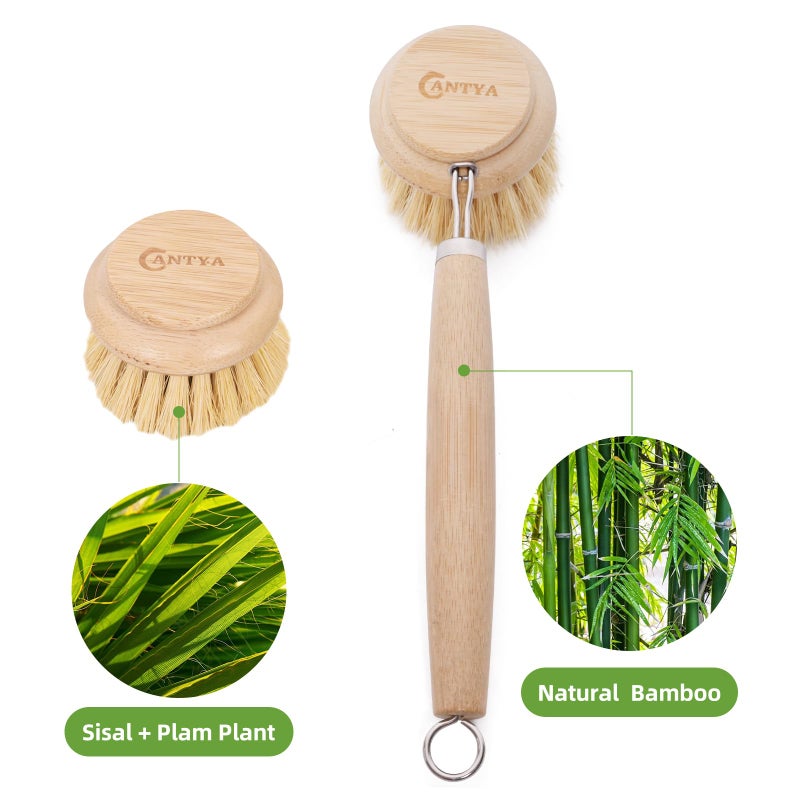 ANTYA Bamboo Scrub Brush with Handle - Soft Bristles, Non Toxic Dish Brush, Compostable & Biodegradable, Bamboo Dish Scrubber for Cookware, Bowls and Plates, Non-Stick Pans - Image 4