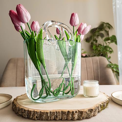 OLEEK Purse vases for Flowers (Handmade) Glass Bag vase -10 Inches- Blue for centerpieces & Fish Bowl - Handbag Unique Flower vase Decorative - Glass Handbag vases for Cute Room Decor - Image 2