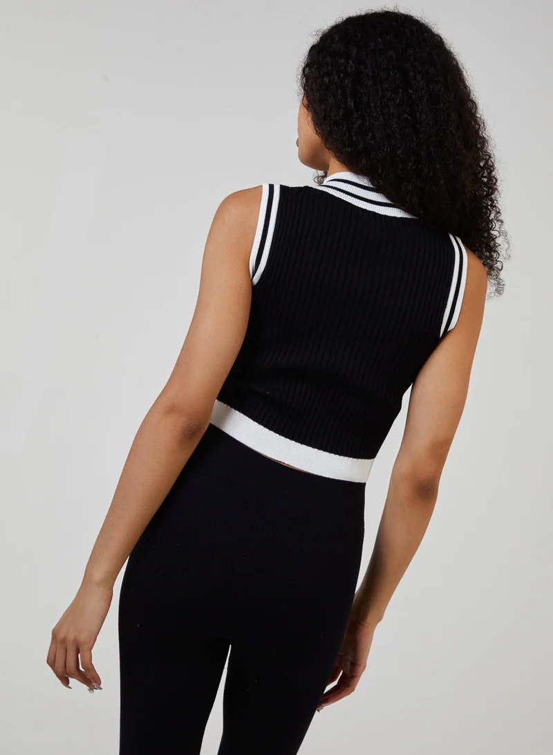 Pink Vanilla Half Zip Striped High Neck Sleeveless Crop Top