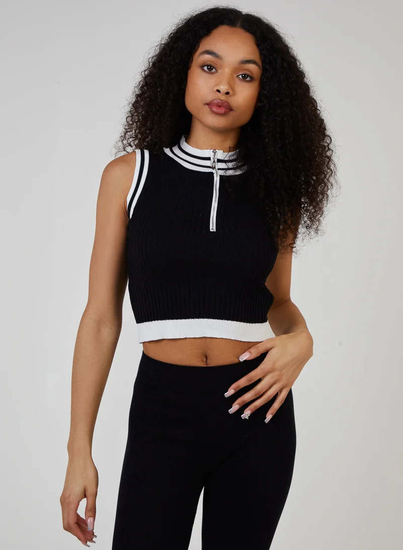 Pink Vanilla Half Zip Striped High Neck Sleeveless Crop Top