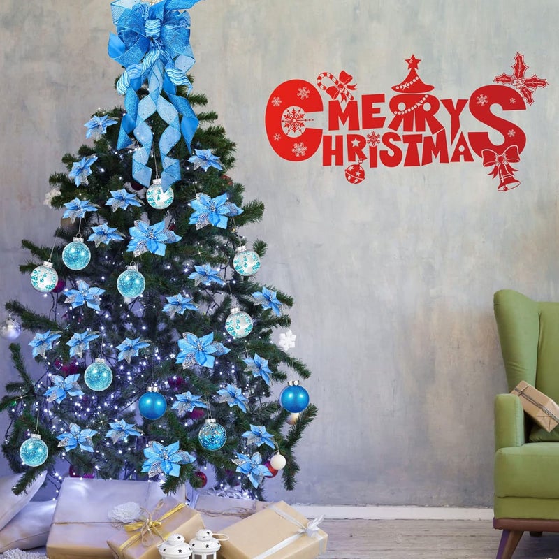 Canlierr 49 Pcs Blue Christmas Tree Decoration Set Tree Topper Bow 24 Pcs Christmas Glitter Artificial Poinsettia Flowers and 236 Inch Xmas Ball Ornaments for Xmas Party Holiday Decor - Image 5