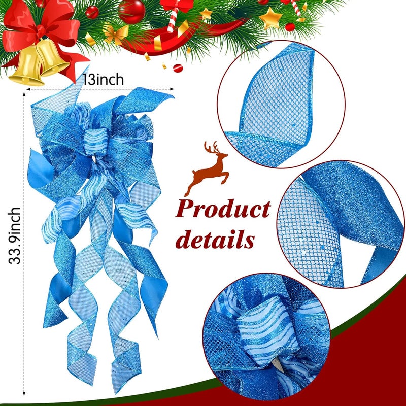 Canlierr 49 Pcs Blue Christmas Tree Decoration Set Tree Topper Bow 24 Pcs Christmas Glitter Artificial Poinsettia Flowers and 236 Inch Xmas Ball Ornaments for Xmas Party Holiday Decor - Image 3