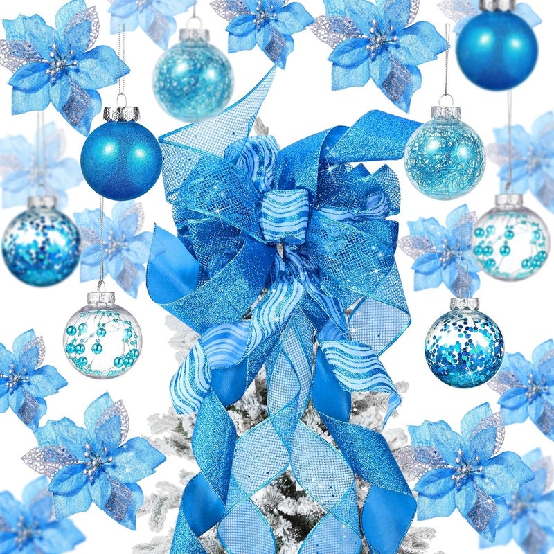 Canlierr 49 Pcs Blue Christmas Tree Decoration Set Tree Topper Bow 24 Pcs Christmas Glitter Artificial Poinsettia Flowers and 236 Inch Xmas Ball Ornaments for Xmas Party Holiday Decor - Image 2