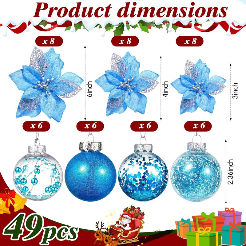 Canlierr 49 Pcs Blue Christmas Tree Decoration Set Tree Topper Bow 24 Pcs Christmas Glitter Artificial Poinsettia Flowers and 236 Inch Xmas Ball Ornaments for Xmas Party Holiday Decor - Image 4
