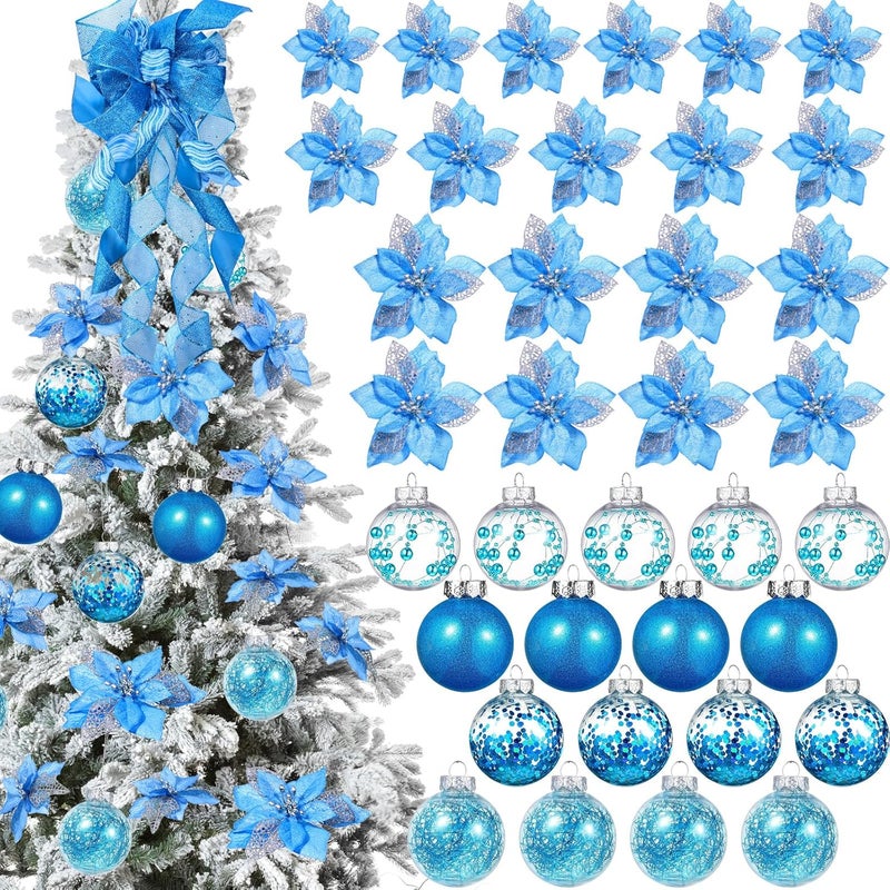 Canlierr 49 Pcs Blue Christmas Tree Decoration Set Tree Topper Bow 24 Pcs Christmas Glitter Artificial Poinsettia Flowers and 236 Inch Xmas Ball Ornaments for Xmas Party Holiday Decor - Image 1