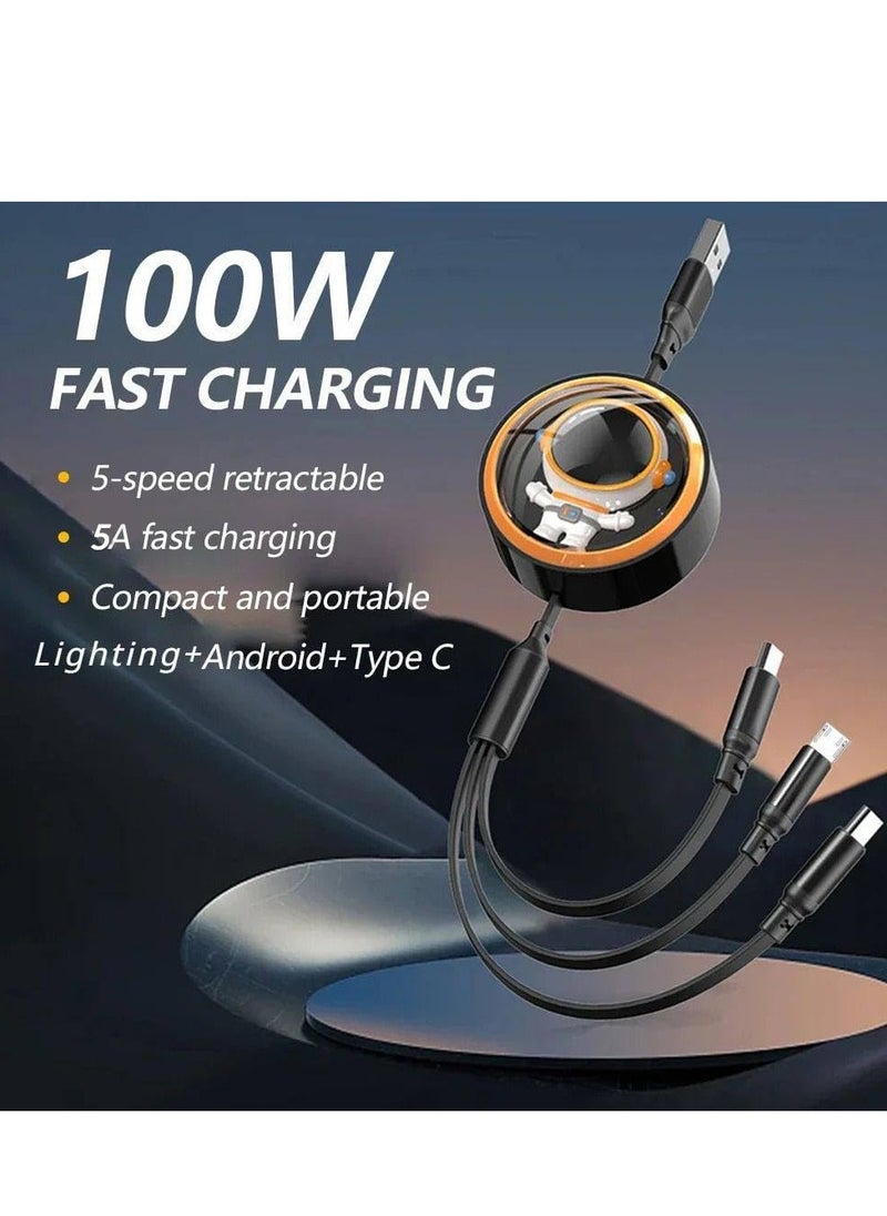 ProOne - 100W 5A USB & Type-C input ProOne PCC128R 3in1 Retractable Fast Charging Cable, Type-C, Lightning, Micro output Compatible with iPhone, Samsung, Huawei, Vivo .Ect - Image 1