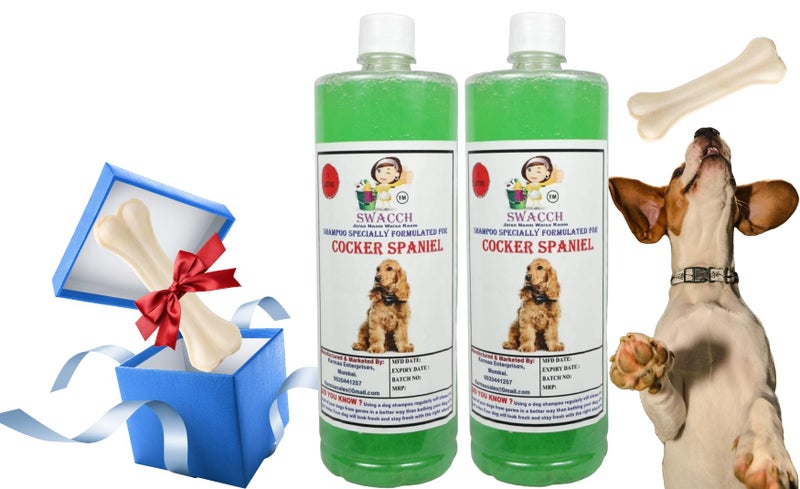 swacch Shampoo | Puppy Safe Shampoo|Cocker Spaniel Dog Shampoo (1 Litre) (Pack of 2) Neem Alovera + Medium White Bone |Dog Chew Bones |Teething chew Toy|Dental Teething |Combo Pack - Image 1