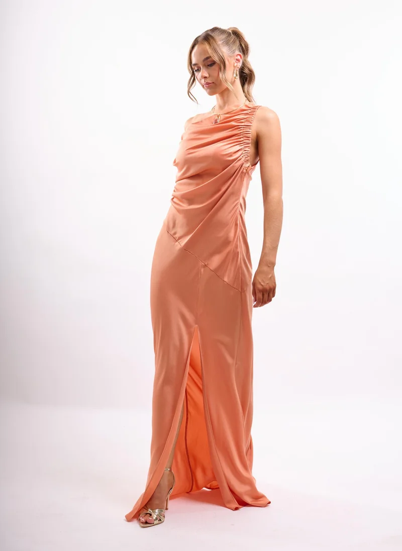 Faia FALLEN SHOULDER MAXI DRESS WITH SPLIT IN COPPER