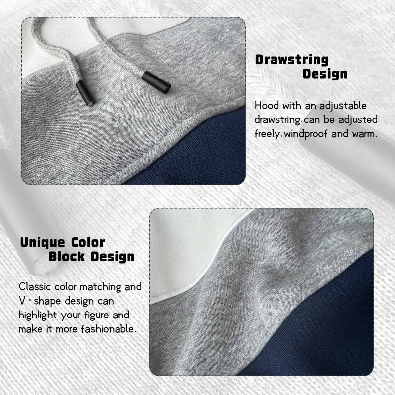 Keasmto Mens Hoodies Pullover Sweatshirt Color Block Fleece Long Sleeve Patchwork Casual Hoodie with Pocket White Grey Blue M - Image 4