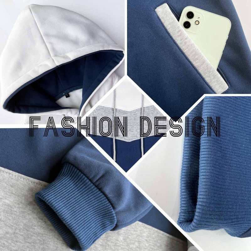 Keasmto Mens Hoodies Pullover Sweatshirt Color Block Fleece Long Sleeve Patchwork Casual Hoodie with Pocket White Grey Blue M - Image 5