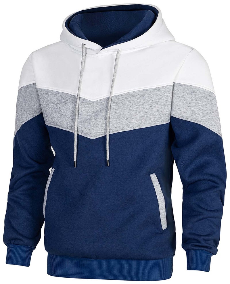 Keasmto Mens Hoodies Pullover Sweatshirt Color Block Fleece Long Sleeve Patchwork Casual Hoodie with Pocket White Grey Blue M - Image 2