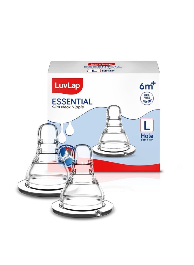 Luvlap Anti-Colic Essential Teat/Nipple for Slim Neck Bottle,2pcs Fast Flow, 6m+, Made of Soft & Flexible Silicone, Ergonomic Shape, Mimics Breastfeeding, Leak Proof, BPA Free, Comes with Sturdy Base - Image 1