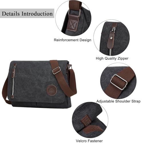 ZHIERNA Canvas Satchel Messenger Bag for Men Women, Vintage Shoulder Crossbody 13.3" Laptop Bag for Work Travel (Black) - Image 3