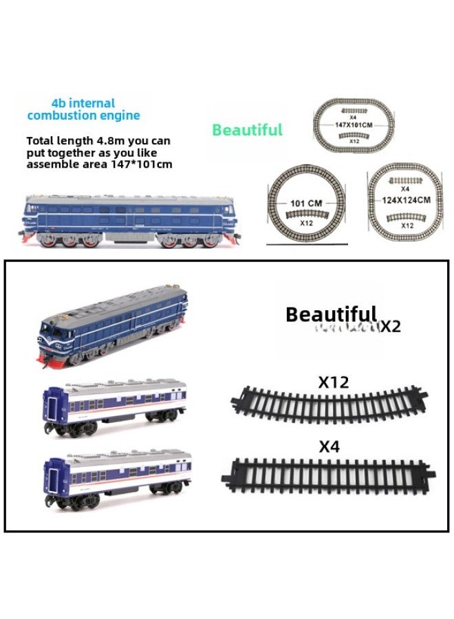A18 Electric Green Leather Dongfeng 4B Internal Combustion Engine Train Track Luminous Carriage Toy High-speed Rail Train Suit Model-Color:Blue Cat Head + 4.8m Track + 2 Blue Passenger Car Without Lights-Scale:Ordinary Aa Battery - Image 1