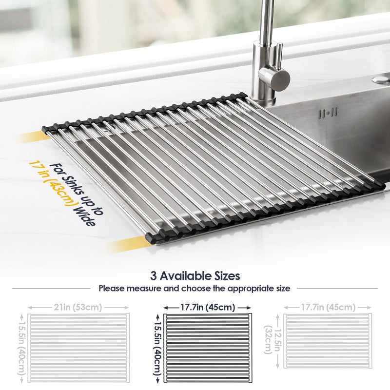 Tomorotec 17.7" x 15.5" Roll Up Dish Drying Rack Over Sink Drying Rack Sink Cover Kitchen Sink Accessories Gadget Multipurpose Organizer Foldable Stainless Steel Drainer - Image 4