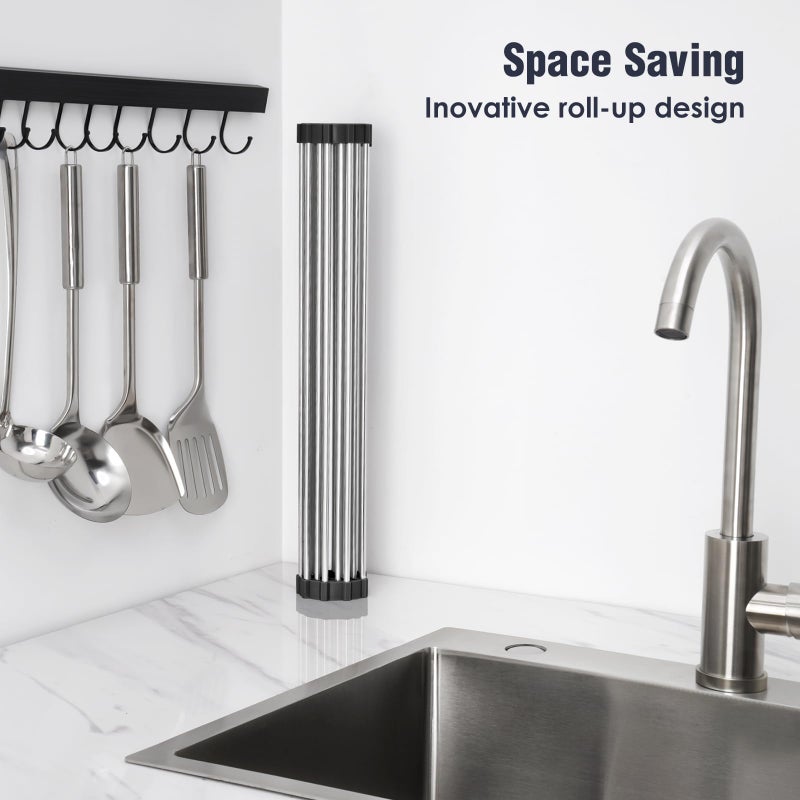 Tomorotec 17.7" x 15.5" Roll Up Dish Drying Rack Over Sink Drying Rack Sink Cover Kitchen Sink Accessories Gadget Multipurpose Organizer Foldable Stainless Steel Drainer - Image 3