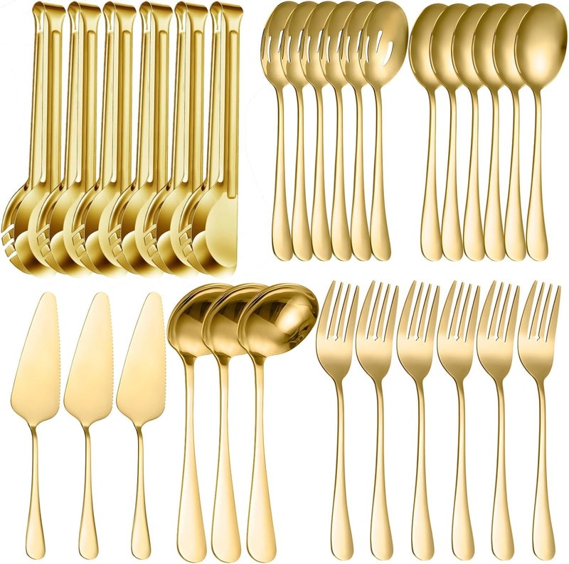 30 Pcs Stainless Steel Serving Set, Gold Polished Buffet Spoons Forks Tongs, For Parties, Catering, Dishwasher Safe - Image 1