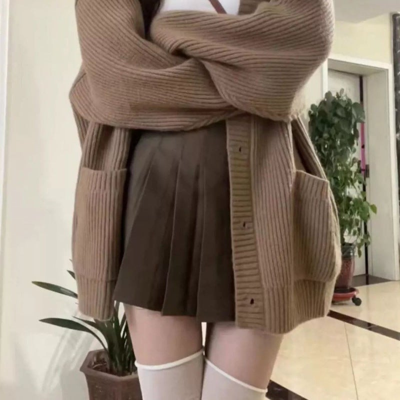 Red 2024 Autumn and Winter Knitted Sweater Cardigan New Lazy Style Retro Loose Jacket Pleated Skirt Suit Brown pleated skirt [safety pants]