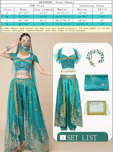 ORIDOOR Women's New Aladdin Jasmine Princess Belly dance Halloween Costume Set Belly Dance for Dress Up Party 5 Piece Outfit Medium Malachite Blue … … - Image 3