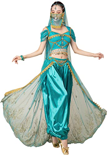 ORIDOOR Women's New Aladdin Jasmine Princess Belly dance Halloween Costume Set Belly Dance for Dress Up Party 5 Piece Outfit Medium Malachite Blue … … - Image 1